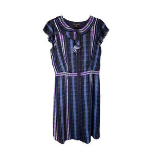 Banana Republic Women's Purple Plaid Pleated Ruffle Button Dress Size 8 Tall